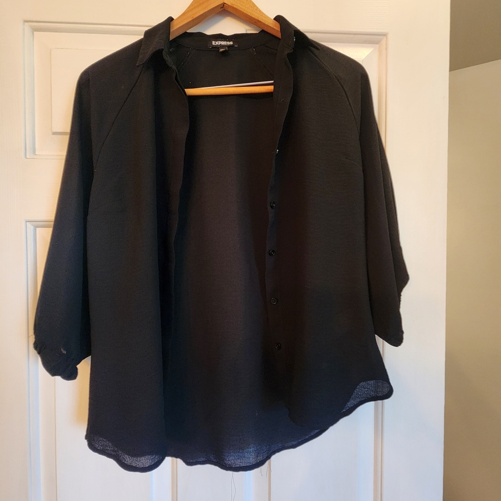 Express Black Oversized 3/4 Sleeve Button Down Shirt